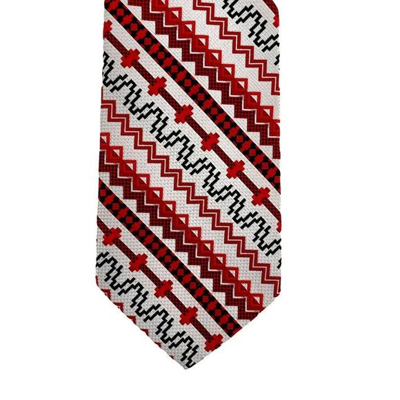 Vintage 60s/70s Trevira Necktie Geometric Diagonal Stripes Red Black White Tie - Picture 6 of 7